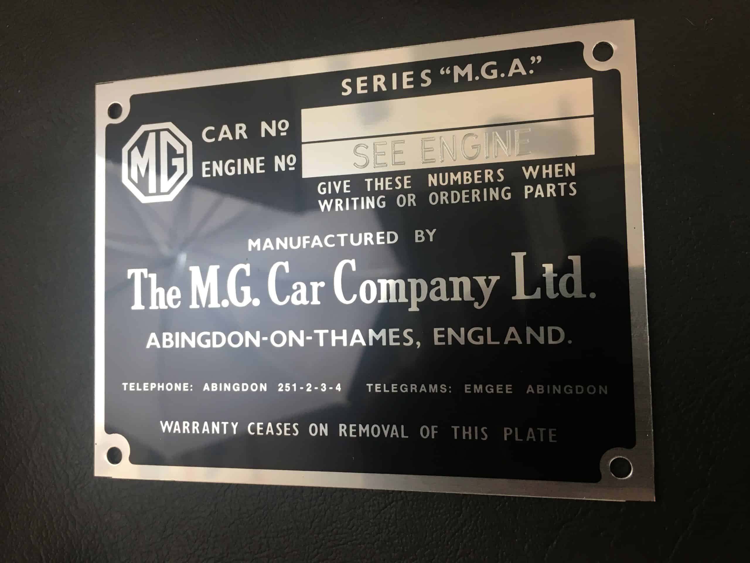 Classic MGA 57-62 Chassic Plate Plaque MG Car Company Car Number See Engine